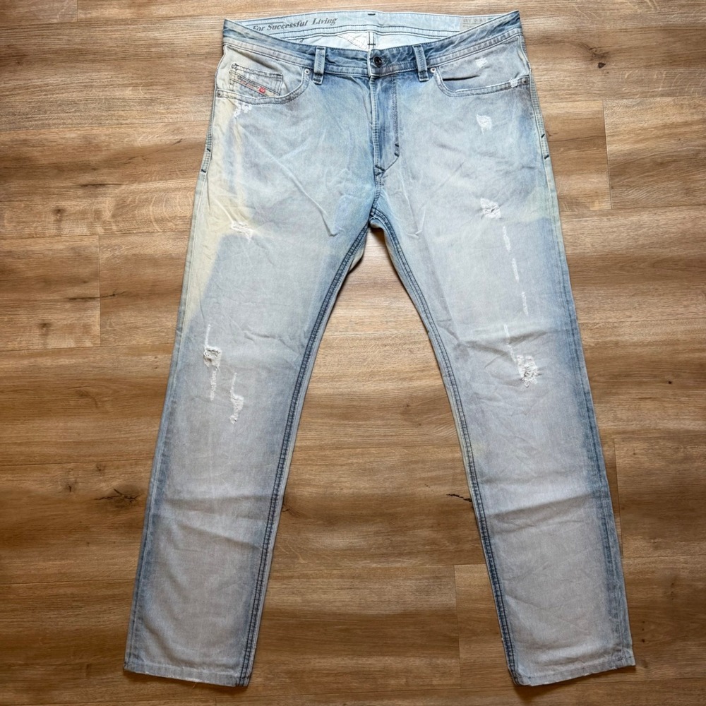 Diesel Thavar Jeans Mens 36x32 Light Blue Slim Skinny Distressed 0827W Italy